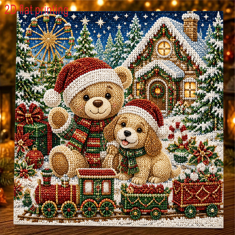 TEMU 1pc, 2d Flat Printing, Pearl Art Diamond Painting Kit Winter Christmas Little Bear And Puppy Wearing Santa Hats Celebrating Warm Festive