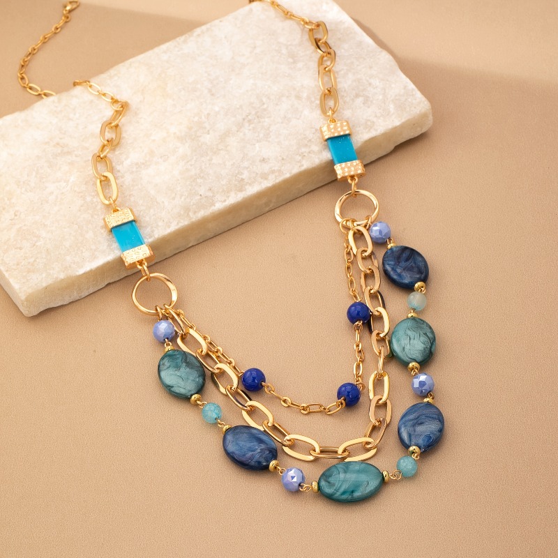 TEMU 1 Blue Multi-layered Beaded Long Women's Necklace, Suitable For Vacation And Daily Wear