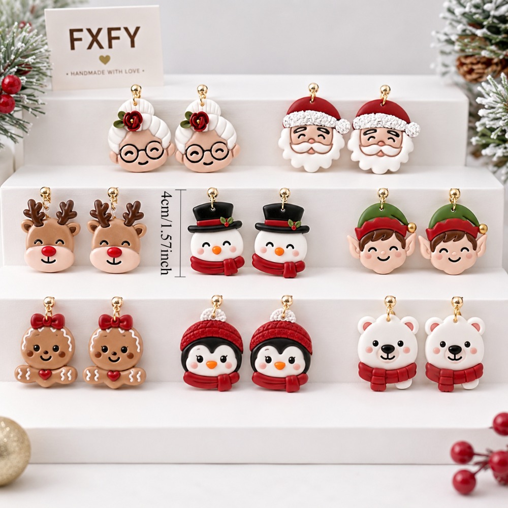 TEMU 16pcs/8 Pairs Women's Christmas Earrings Set, Cute Santa Claus Couple Dangle Earrings, Trendy Holiday Jewelry For Christmas Parties, Festive