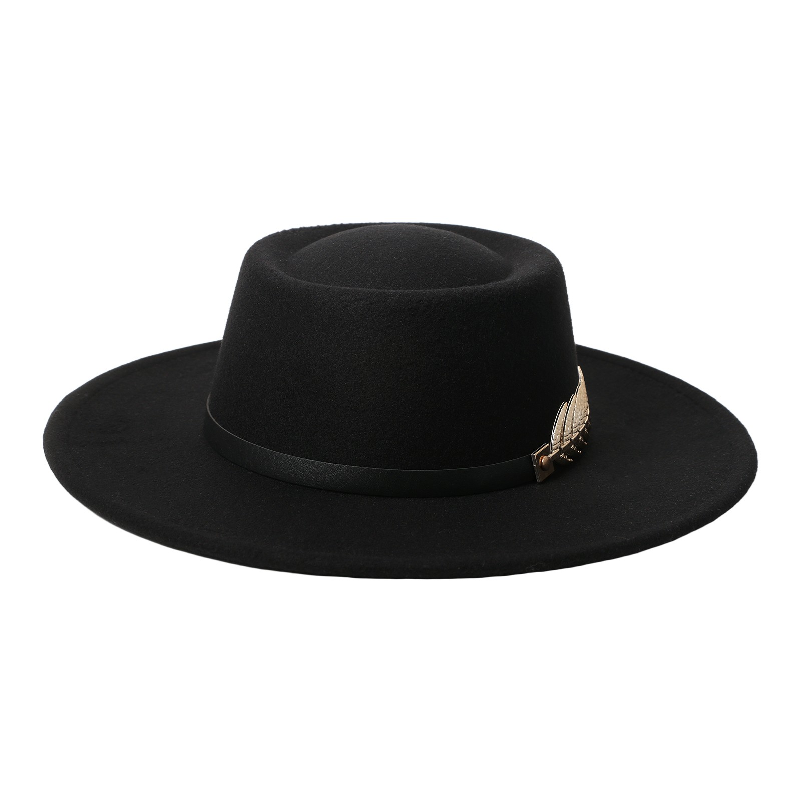 Image of Elegant Women's Boater Hat, Flat Brim Dress Hat With Metallic Fishbone Band, Sophisticated Vintage Style Fedora For Fall & Winter