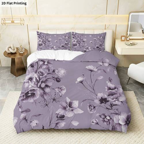 poza articolului set de husă de ă 2d, imprimată, 3 piese, 1 husă de ă și 2 fețe de pernă (fără umplutură), floral mov lavandă, lenjerie de pat pentru festivalul de primăvară, potrivită pentru decorare