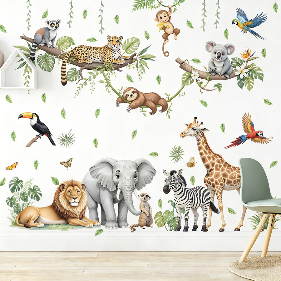 3 Sheets Animal Wall Stickers With Lion Giraffe Zebra And Monkey Designs, Removable Peel And Stick Animal Decals For Living Room Bedroom Decor, Theme Art