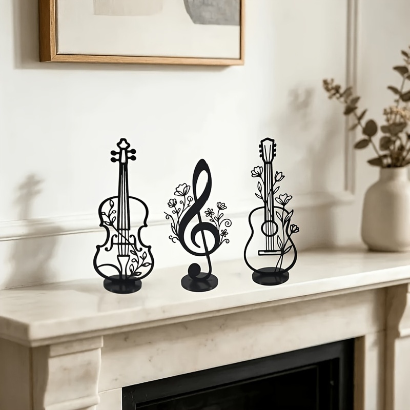 TEMU 3pcs Musical Note & Instrument Sculpture Decor - Modern Plastic Tabletop Suitable For Living Room/desktop Display, Musical-themed Ornament With