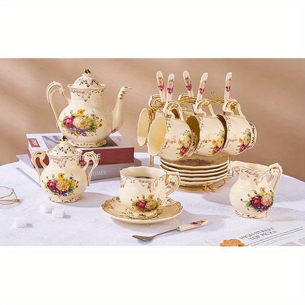   vintage floral tea cup and saucer set with   - elegant 8oz ceramic tea service, elegant beige & golden floral pattern, dishwasher safe (hand wash recommended) -   set for women, wedding, anniversary, housewarming gifts - elegant tableware for afternoon  , teacup set, porcelain tea cup, english tea set, cups for tea, tea pot and cup set Product details 0
