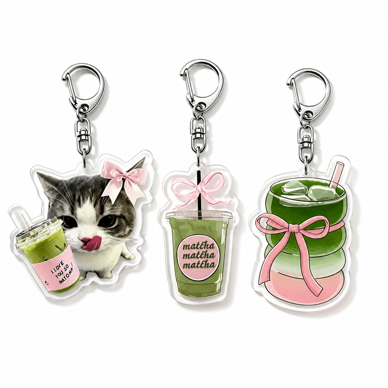 TEMU Plat 2D, Ensemble de 3 pièces Plat 2D : Porte-clés Kawaii Boisson au Matcha avec Nœud / Boisson avec Nœud / Porte-clés Hamster Tenant un Café.