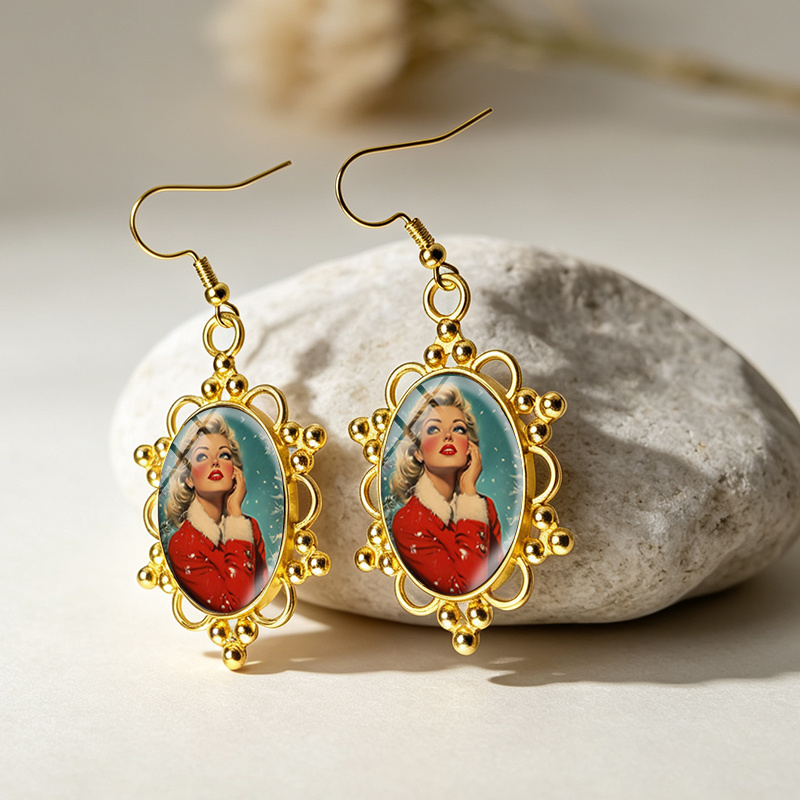 Vintage Golden Frame Oval Hook Dangle Earrings, Unisex Design