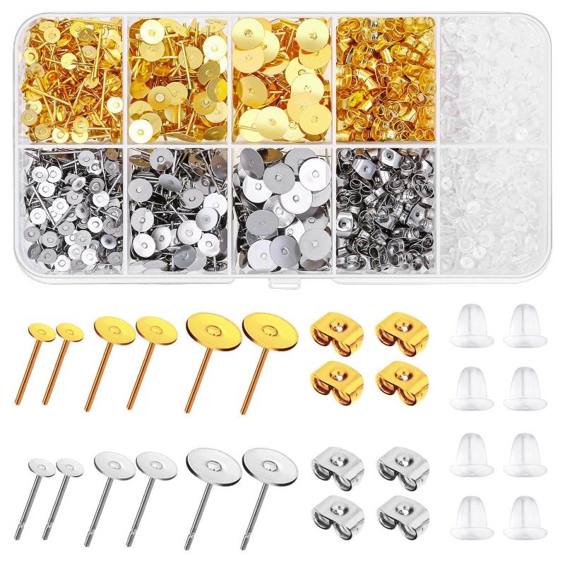 TEMU Hypoallergenic Earring Posts And Backs, 2000pcs Stud Earrings Making Kit With Ear Ring Base And Earring Backs For Leather Stud, Clay, Pearl