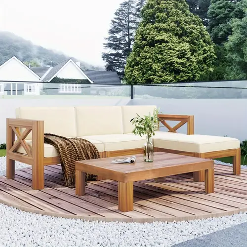 outdoor backyard patio wood 5pcs sectional sofa seating group set with cushions natural beige cushions