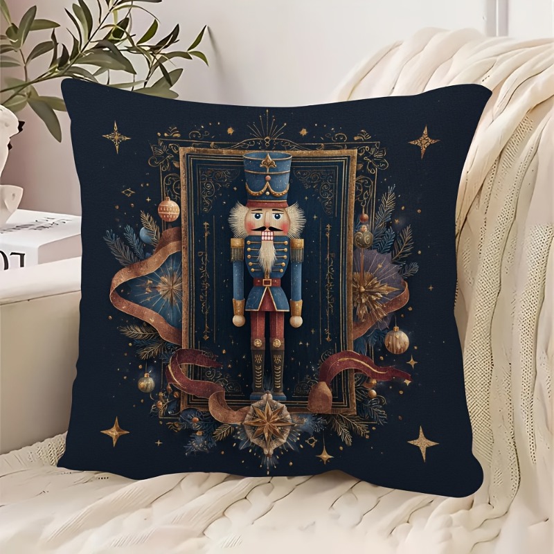 TEMU 1pc Vintage Christmas Decorative Pillowcase - Elegant Nutcracker Penguin Design, Navy Blue And Golden Ornate Border - Double-sided Printed