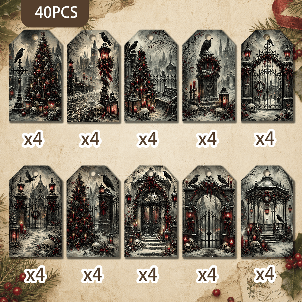 TEMU 40pcs, Gothic Castle Cemetery Dark Christmas Tags, 10 Styles Of Castle Crow Tombstone Patterns, Winter Gift Tags, Christmas Tree Decoration