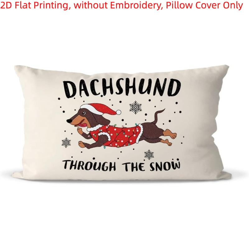 TEMU 1pc, 2d Flat Printing, Dachshund In Santa Hat & Text Pillow Cover, Xmas Winter Home Decor, Single-sided Printing, Without Embroidery, Pillow