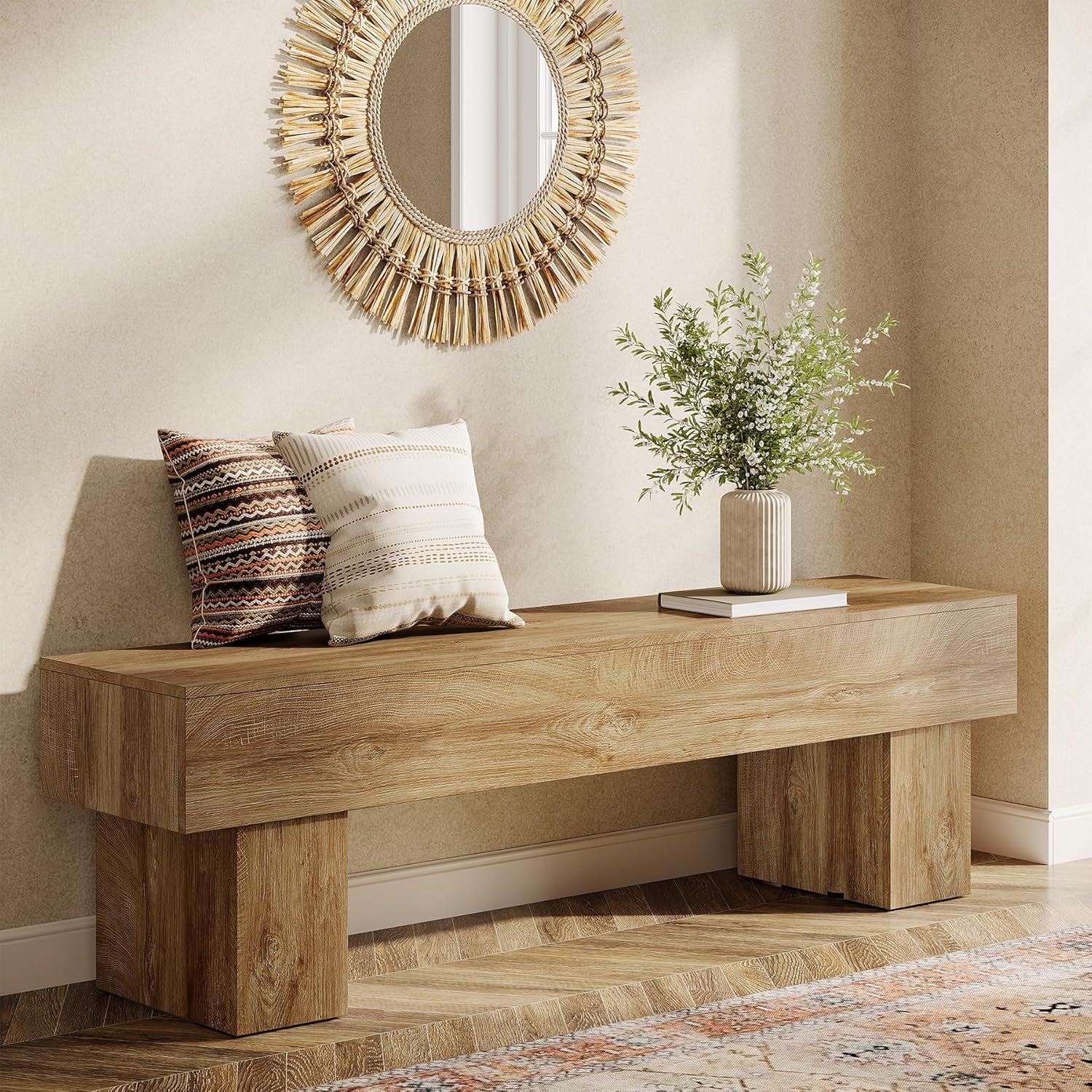 63" Extra Long Entryway Bench, Indoor End Of Bed Bench For Bedroom, Farmhouse Wooden Shoe Seat Dining Bench For Dining Room, Living Room, Hallway, Light Brown