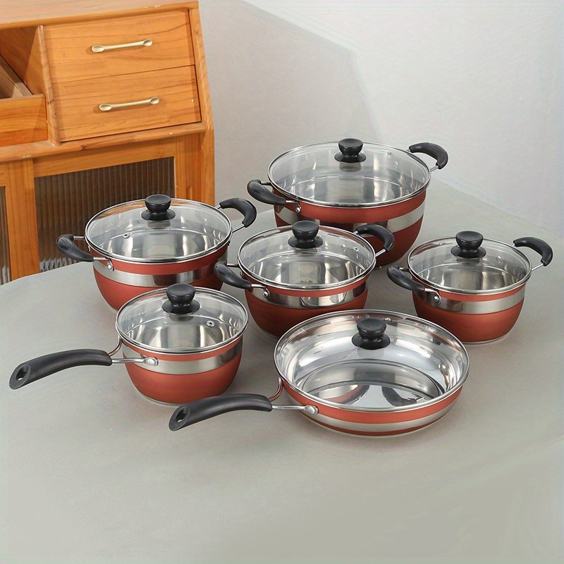 12 stainless steel combination pot orange red pot body including 4 pots 1 frying pan 1 milk pot and 6 lids thickened composite bottom anti burning ears suitable for family   and outdoor camping suitable for soup milk steak hot pot details 4