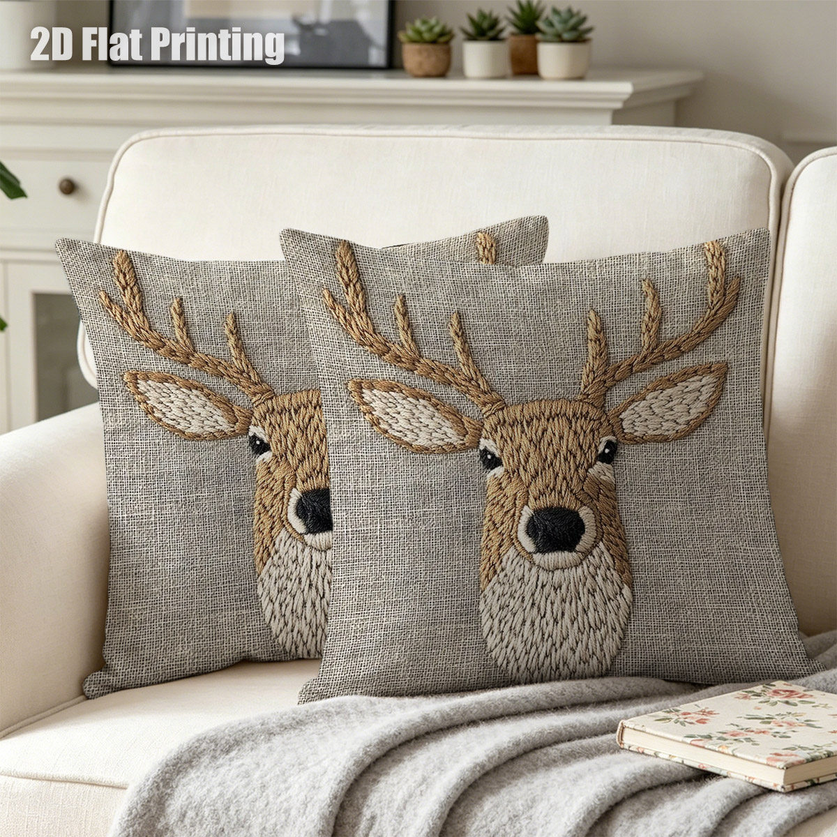 TEMU 2pcs Rustic Deer Head Cushion Covers Suitable For Sofa Bed, Farmhouse Brown Deer Portrait Pillowcases With Zipper Closure, Hand Washable Bedding