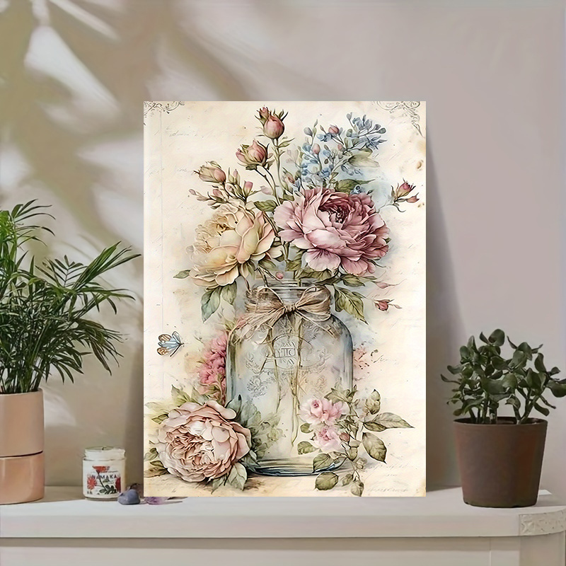 TEMU 2d Flat, 2d Flat, 1pc Rustic Floral Canvas Artwork - "bottle Flowers" Wall Decoration Featuring A Wooden Frame, Design, Ideal For Home, Bedroom,