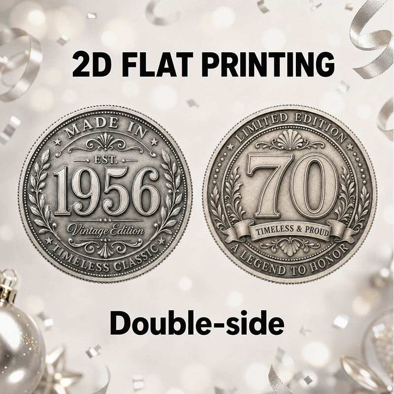 TEMU 1pc, Impression Plate 2D, Pièce Commémorative '1956 & 70', Pièce d'Anniversaire Décorative Double Face avec Étui de Protection Acrylique, Pièce