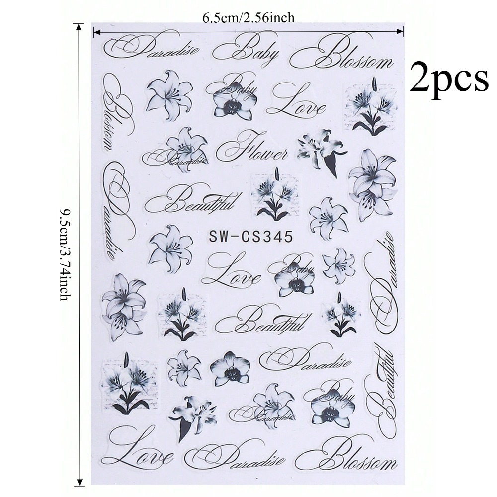 2pcs 3d Flower & Letter Nail Stickers, Black Ombre Hibiscus Petal, Gothic Romantic English Alphabet Floral Print, Y2k Aesthetic, Self-adhesive Gel Nail Art Decals, Spring/summer