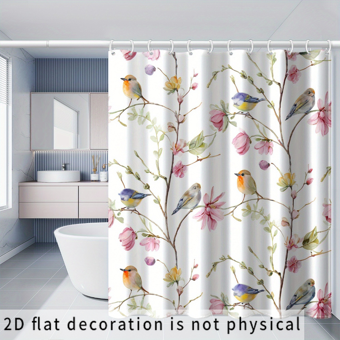 TEMU 2d Flat, 2d Curtain 1pc, Floral Branch And Bird Print Shower Curtain,, Suitable For Windows And Walls, Bathtubs, Home Decor For Bathrooms, Use,
