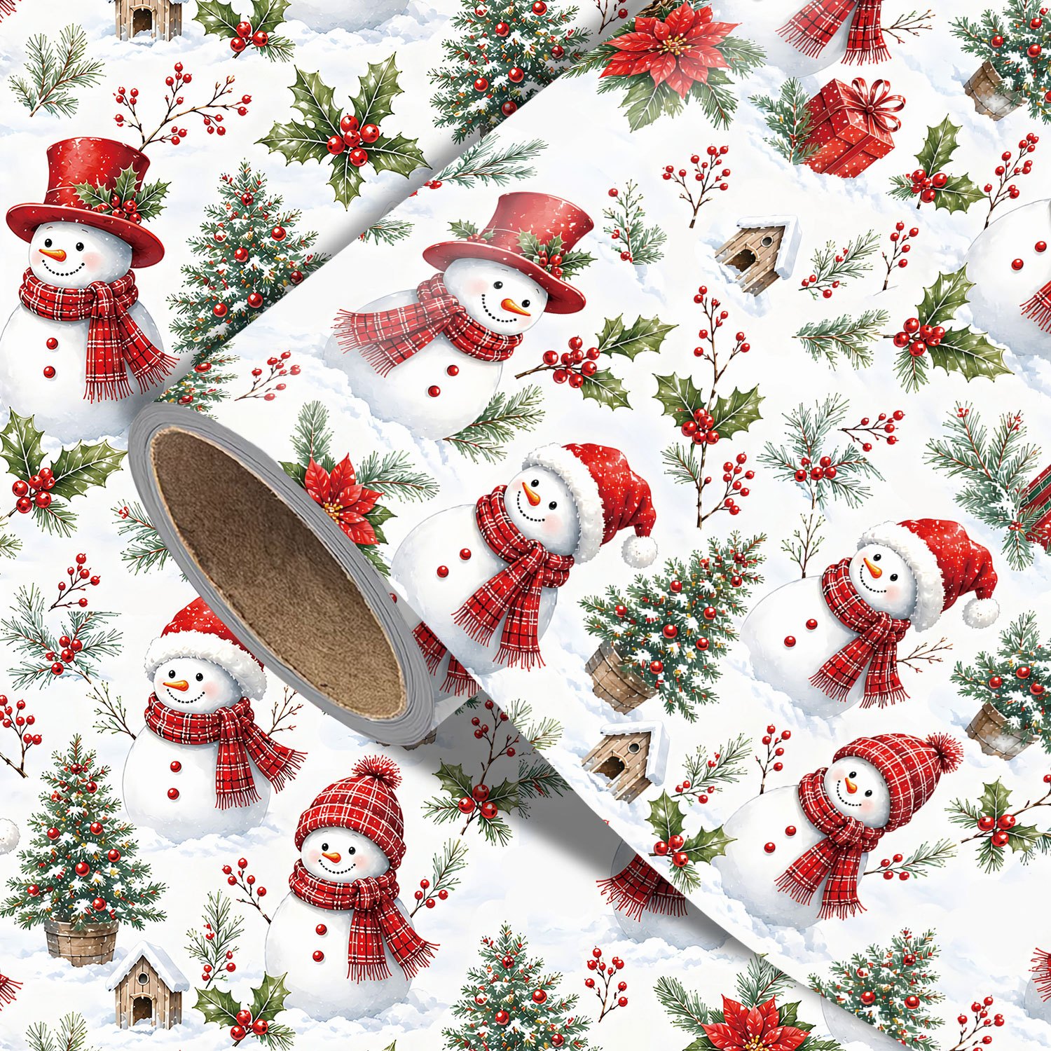 TEMU Cute Snowman Christmas Wrapping Paper Roll - Holly Poinsettia Xmas Gift Wrap, 17.7in X 118in, Holiday Gift Packaging For Xmas Party Decorations