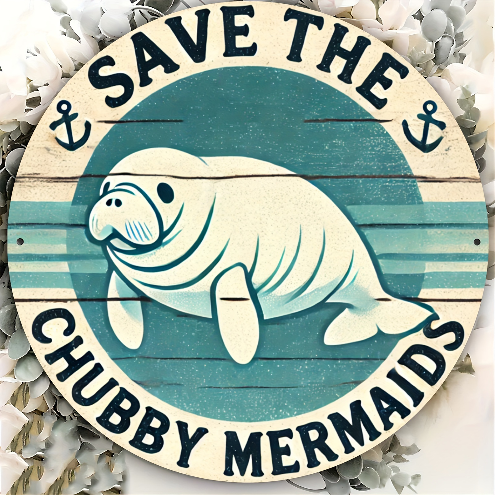 TEMU 1pc "save The " 7.87x7.87inch Aluminum Wall Sign - Rustic Nautical Theme, Round Decorative Art For Bathroom, Office, Garage - Manatee , No Electricity Required