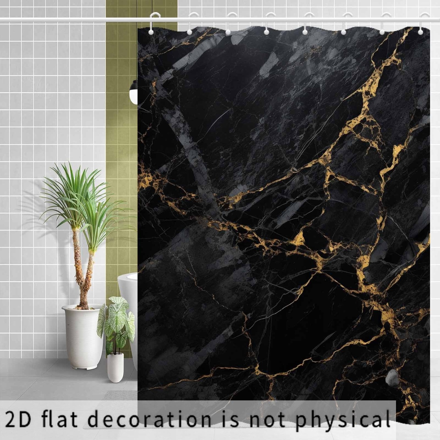 TEMU 2d Flat, 2d Flat, 2d Curtain 1pc, Fashionable Black Marble Style Curtain, High-end Modern Bathroom Curtain, Suitable For Apartment Bathrooms,