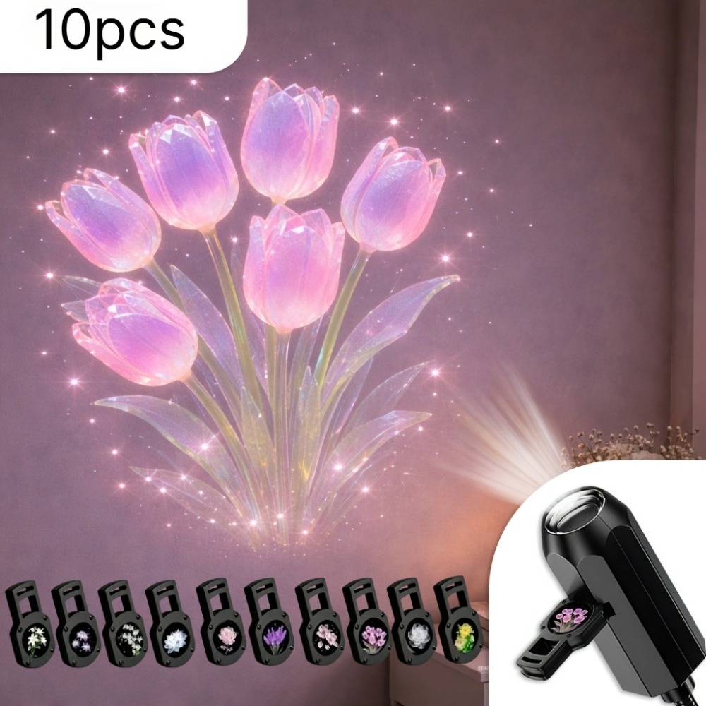 TEMU 10pcs Set Of Usb Projection Lamps, 360-degree Rotation, Including Rose, Tulip, Cherry , Sunflower, Lily And Other Styles, Suitable For Bedroom,