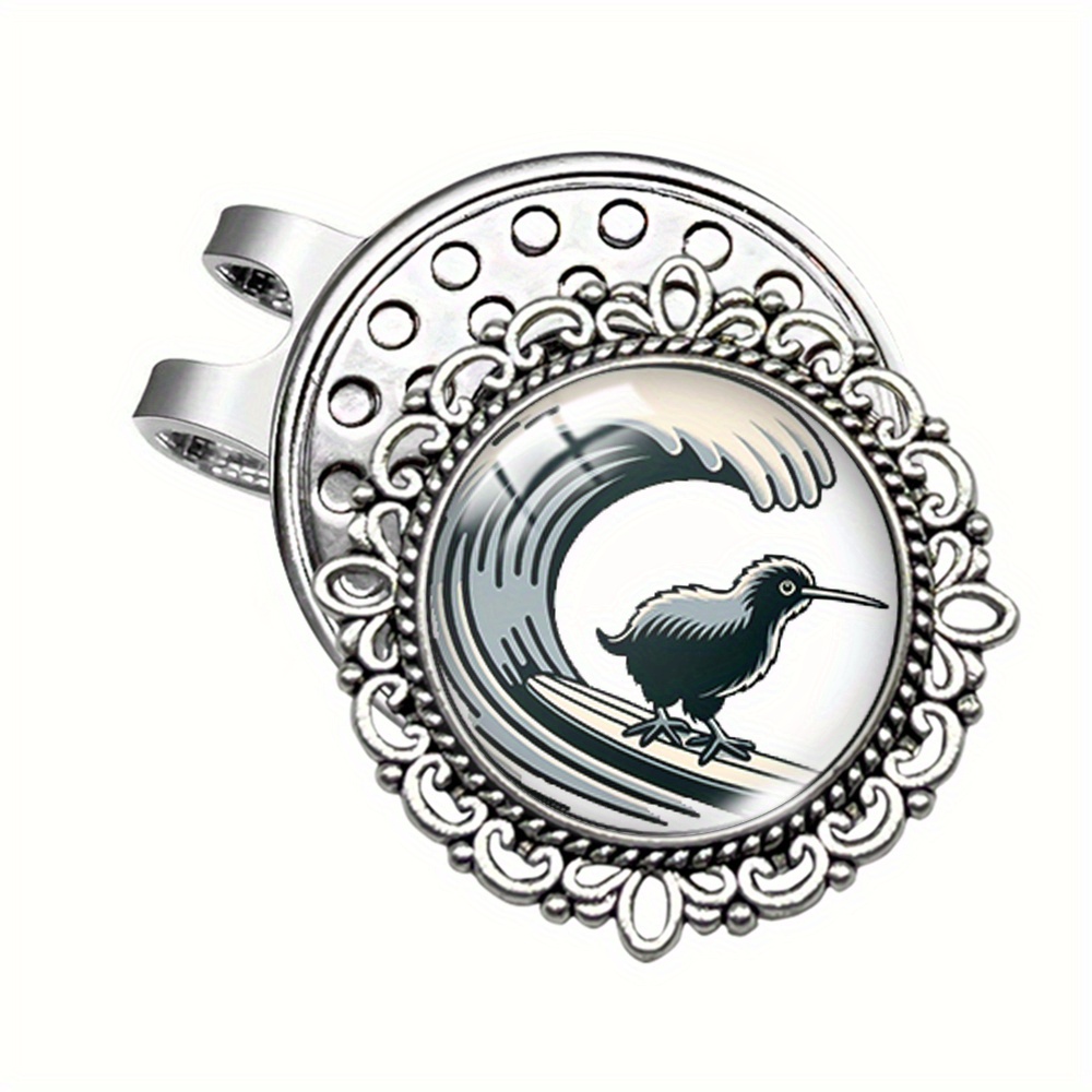 TEMU Surfing Multidimensional Bird Pattern Round Glass Scalloped Hat Clip Golf Ball Clip Accessory Gift