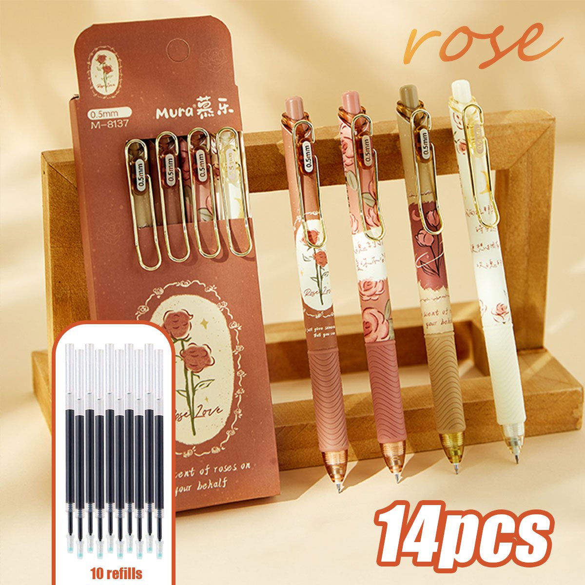 TEMU 14-delige intrekbare gelpennen set met 10 vullingen, 0.5mm zwarte inkt, sneldrogende gladde schrijfpennen, comfortabele grip esthetische vintage