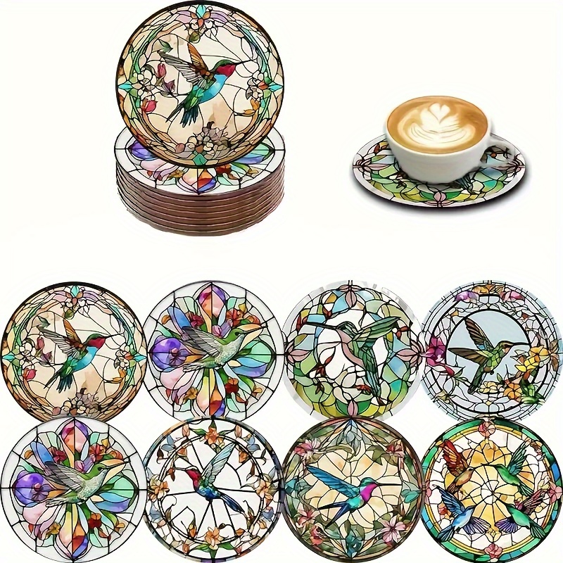 TEMU 8pcs Set Of Hummingbird Colored Glass Pattern Wooden Coasters, Heat-resistant Pads, Anti-slip Mats, For Table Protection, Suitable For Cups,
