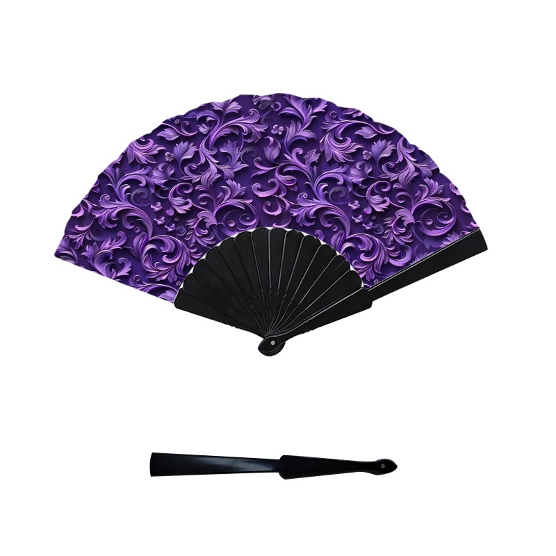TEMU Ornate Purple Floral Scroll Print Hand Fan, Plastic Frame And Rib Construction, 1pc, Elegant Decorative Accessory For Daily Use, Parties, And