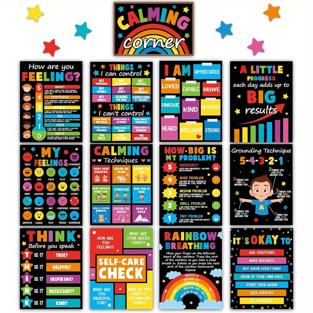 

13pcs Calming Corner Posters Set - Educational Emotion Management & Mental Health Classroom Decor, Frameless 8x10" Back To School Bulletin Board Wall Art