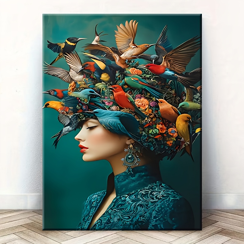 TEMU 2d Flat, Modern Bohemian Woman & Bird Wall - Vertical Painting Suitable For,, Housewarming Gift, Hook Installation Frame, Elegant Bird & Flower