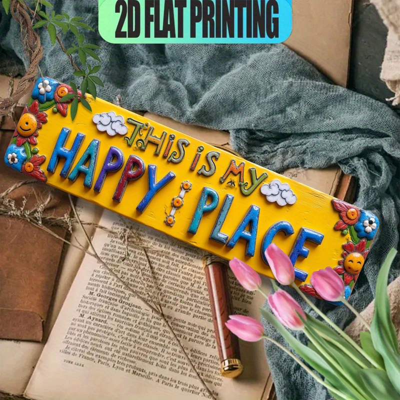 TEMU 2d Flat, Large Vintage-style " Happy " Wall Sign – Vibrant Sun, Clouds, And Floral Deco Plaque With Colorful Letters, Art, For Cafe, Office –