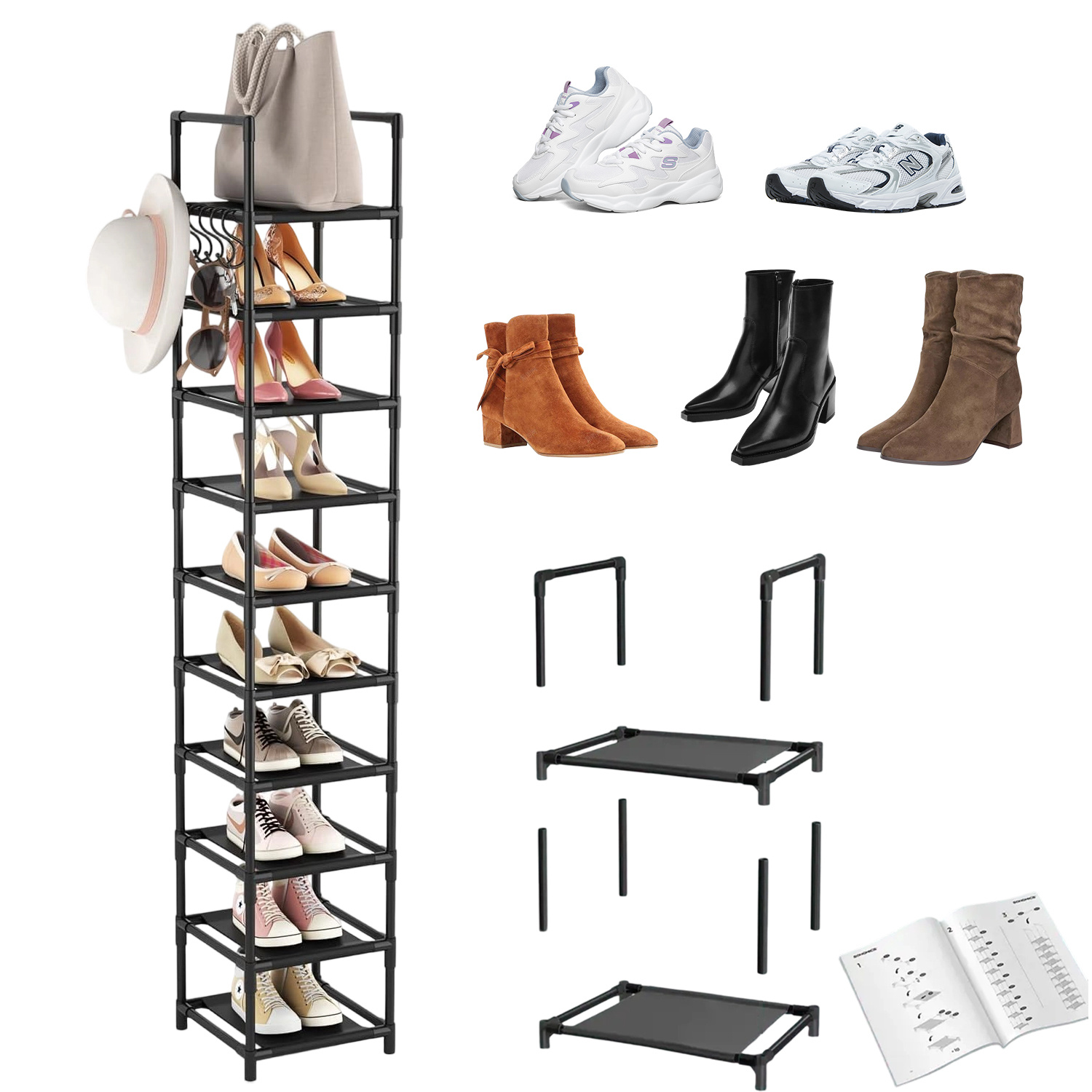 10-tier Vertical Shelves Storage Narrow Shoe Rack For Small Spaces, Space Storage Organizer For Entrance Hallway, Adjustable Shelves, Easy Assembly, Standing Shelf, Standing Shelf
