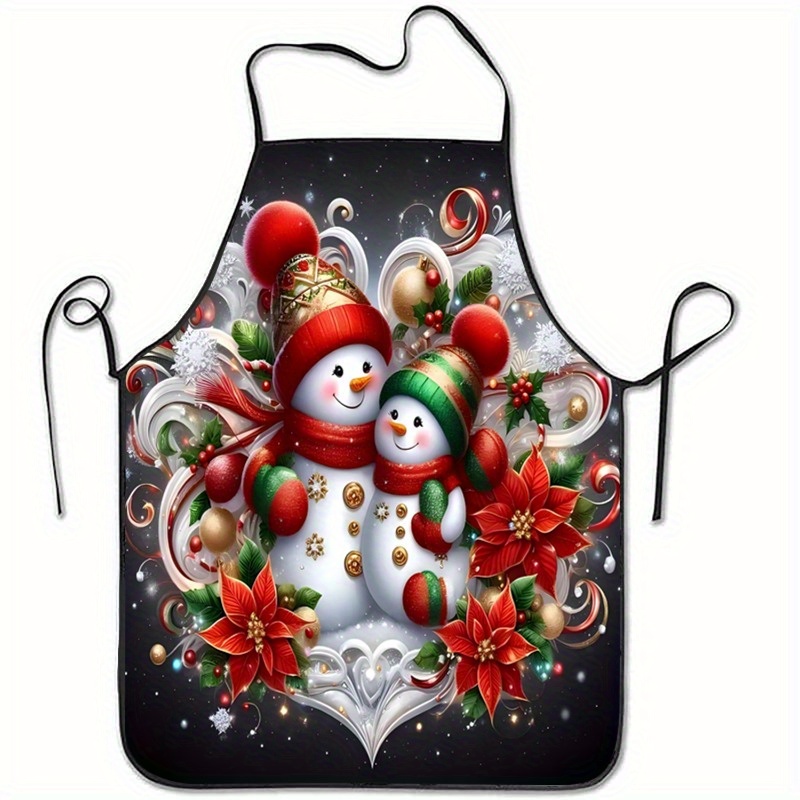 Image of 1pc Festive Snowman Christmas Apron - Sleeveless Polyester With Holiday Decorations (red Hat, Green Pants, Poinsettias & Swirls) For Home Kitchen Baking, Christmas Kitchen Decor