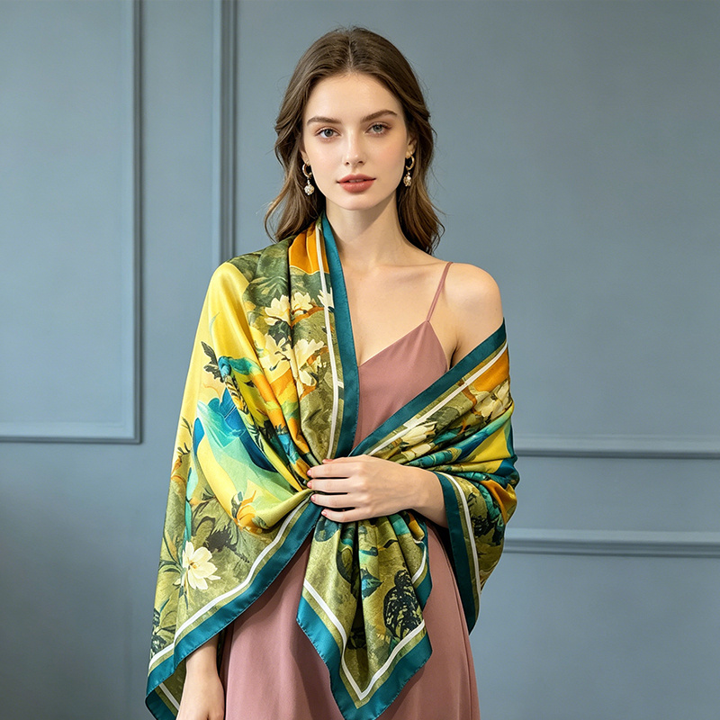 100   satin shawl featuring a retro landscape pattern suitable for summer wear   beach wedding and travel occasions