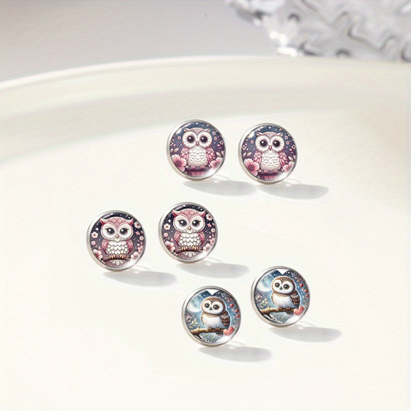 E-shop 3 Paar niedliche Ohrstecker aus Edelstahl mit runden Glas-Cabochons Eulen-Muster auf Ast, handgefertigter Schmuck-Accessoire-Geschenke