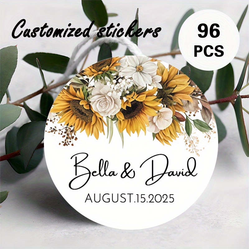 TEMU Custom 48/96pcs Wedding Round Stickers, Personalizable With Name, Date, Etc. Sunflower And White Floral “names And Date” Design. Ideal For Party