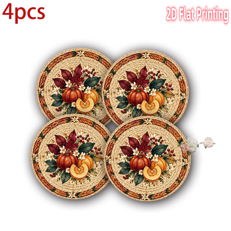 TEMU 4-6-8pcs 2d Printed Placemats Rustic Autumnal Pumpkin Orange Pattern - 15 Inch Polyester Washable Durable Table Mats, For Home Decor, Wedding,