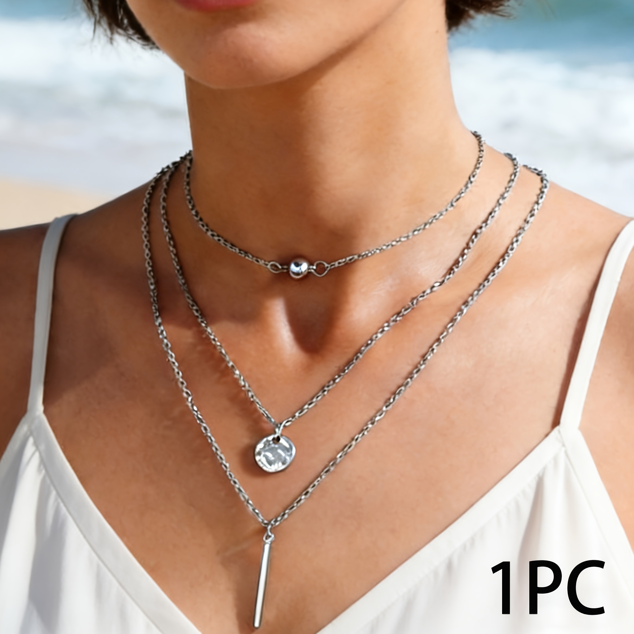 TEMU 1 collar con colgante circular plisado largo, fácil y elegante, con cadenas de metal delgado multicapa, ideal para el uso diario y fiestas de