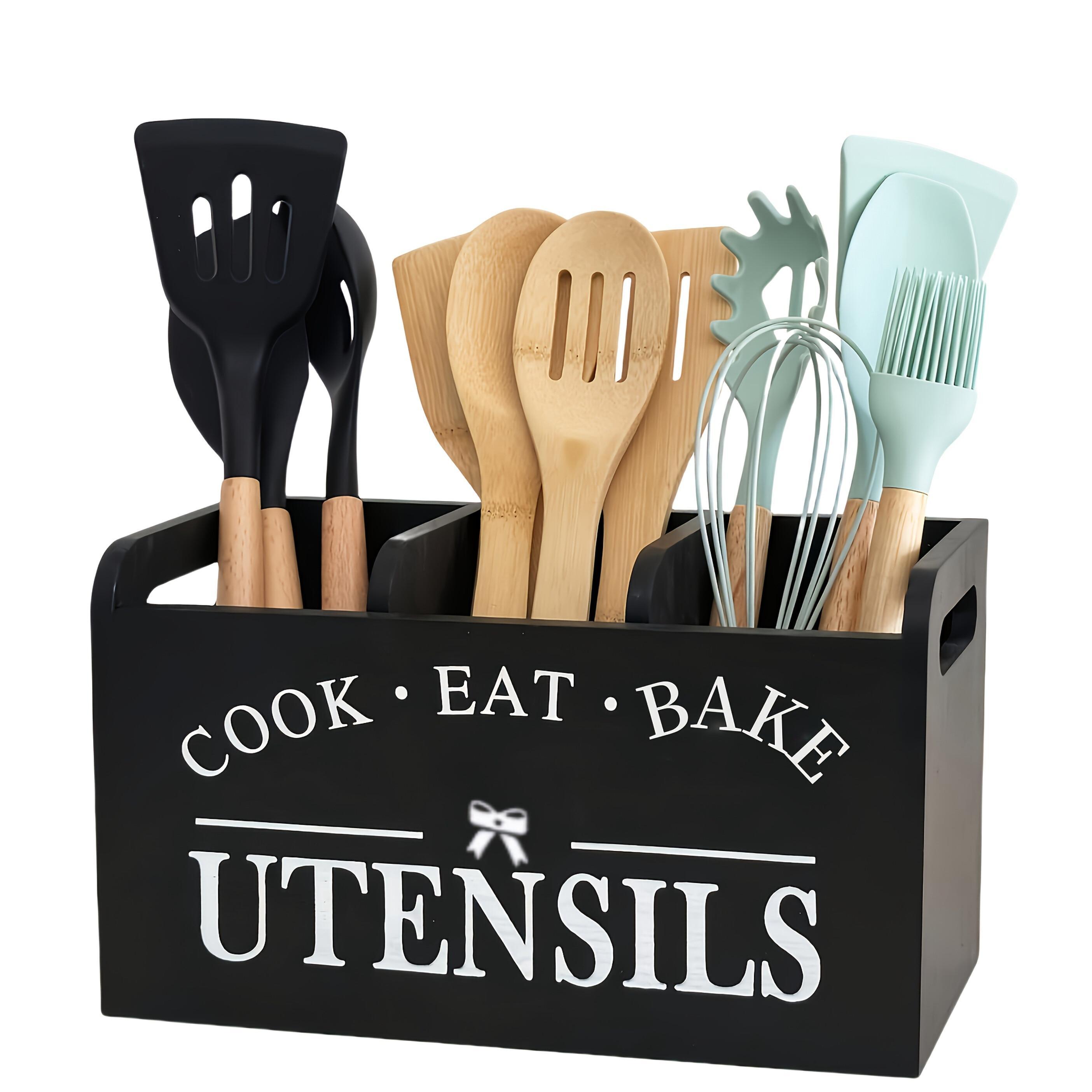 Image of 1pc Three-compartment Wooden Kitchen Utensil Rack, Flatware Organizers, Worktop Storage Rack, Wooden Kitchenware, Kitchen Appliances; Suitable For Storing Forks, Spoons, Whisks And The Like