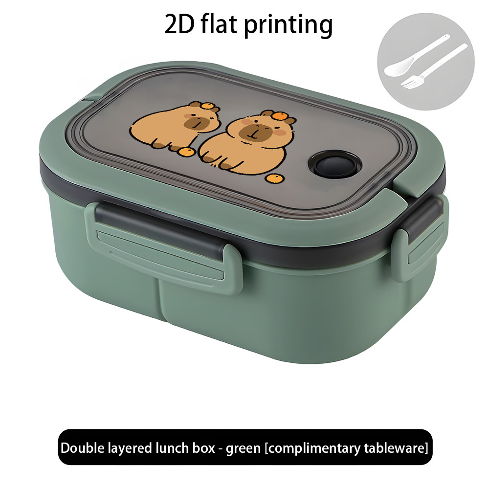 Cartoon Print Bento Lunch Box With Capybara Pattern, Portable Meal Prep Container With Handle And Compartments For School, Work, Picnic, Travel And Outdoor Activities