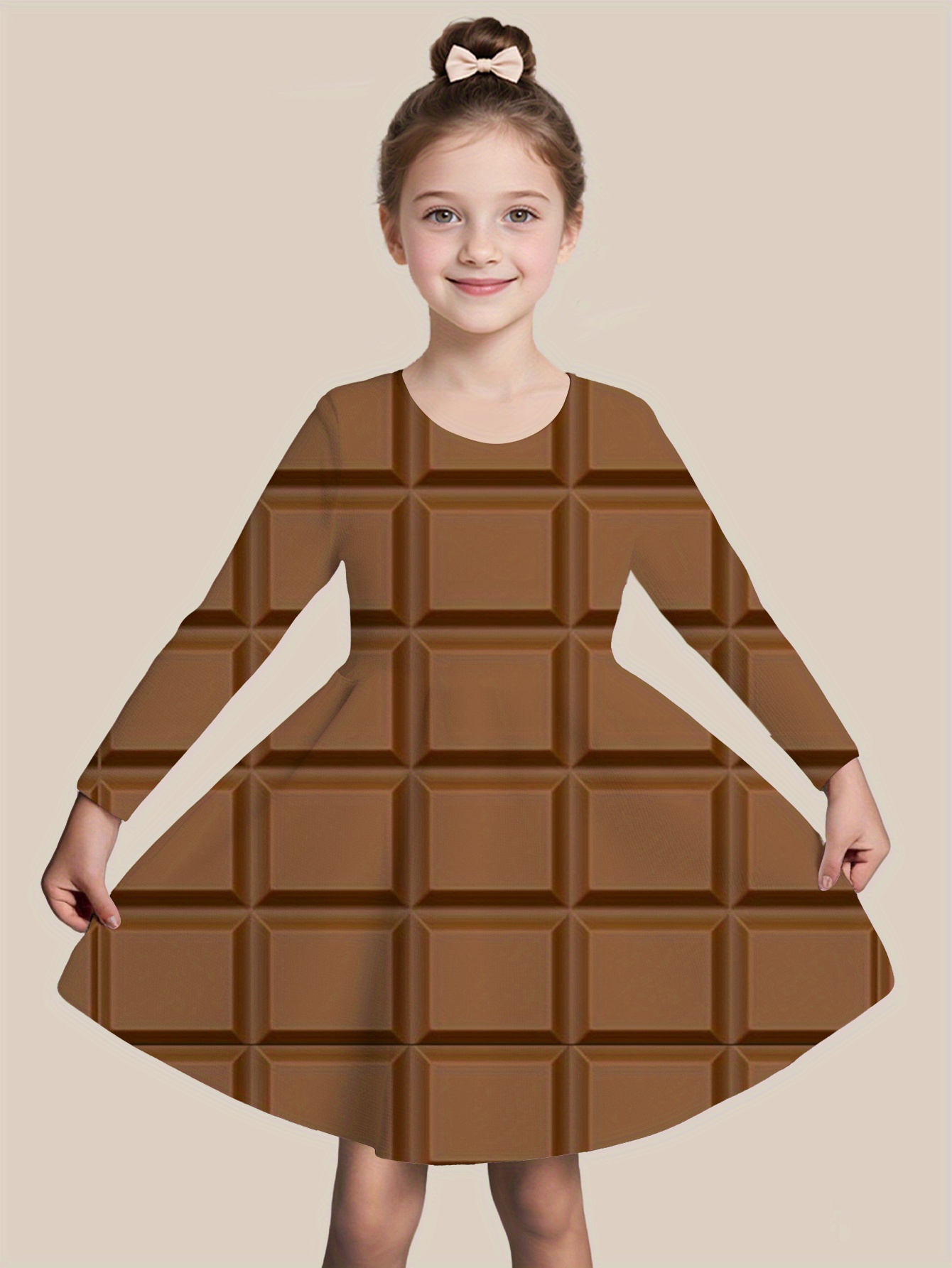 item picture full print   spring autumn style clothing gift chocolate square little girl holiday cute present long sleeve dress random print outdoor sports casual