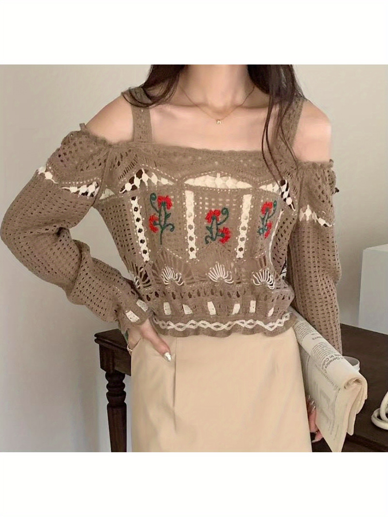 womens shoulder crochet top floral geometric patterns long Temu