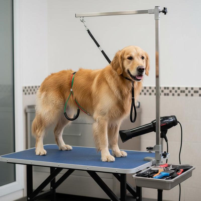 Image of Variable Pet Grooming Station 90cm For Dog Salon Home Care Heavy Duty Metal Bracket Secure Table Clip Double Leash Restraint Foldable Frame Silvery-tone