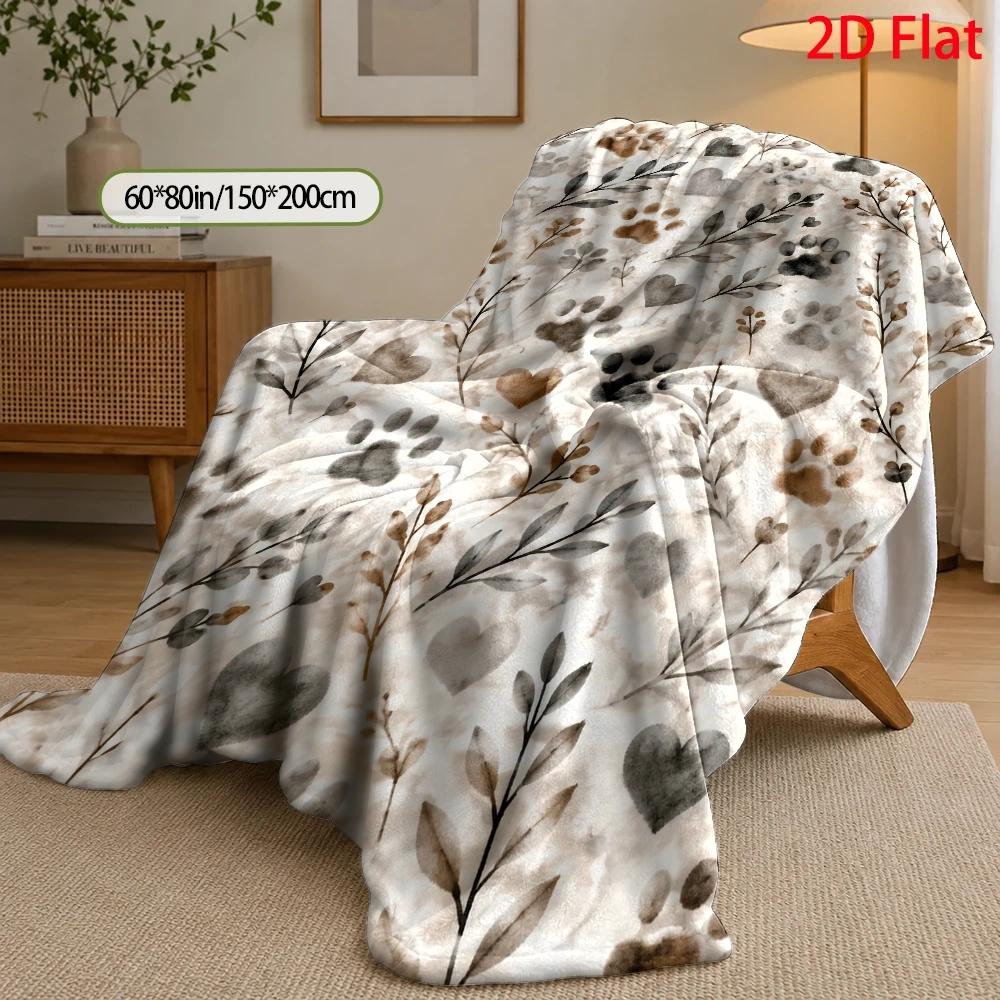 TEMU 2d Flat, 280gsm, Flannel Blanket With Dog Paw Print And Branch Pattern, Flannel Fleece Blanket With Whimsical Watercolor Animal Illustration,