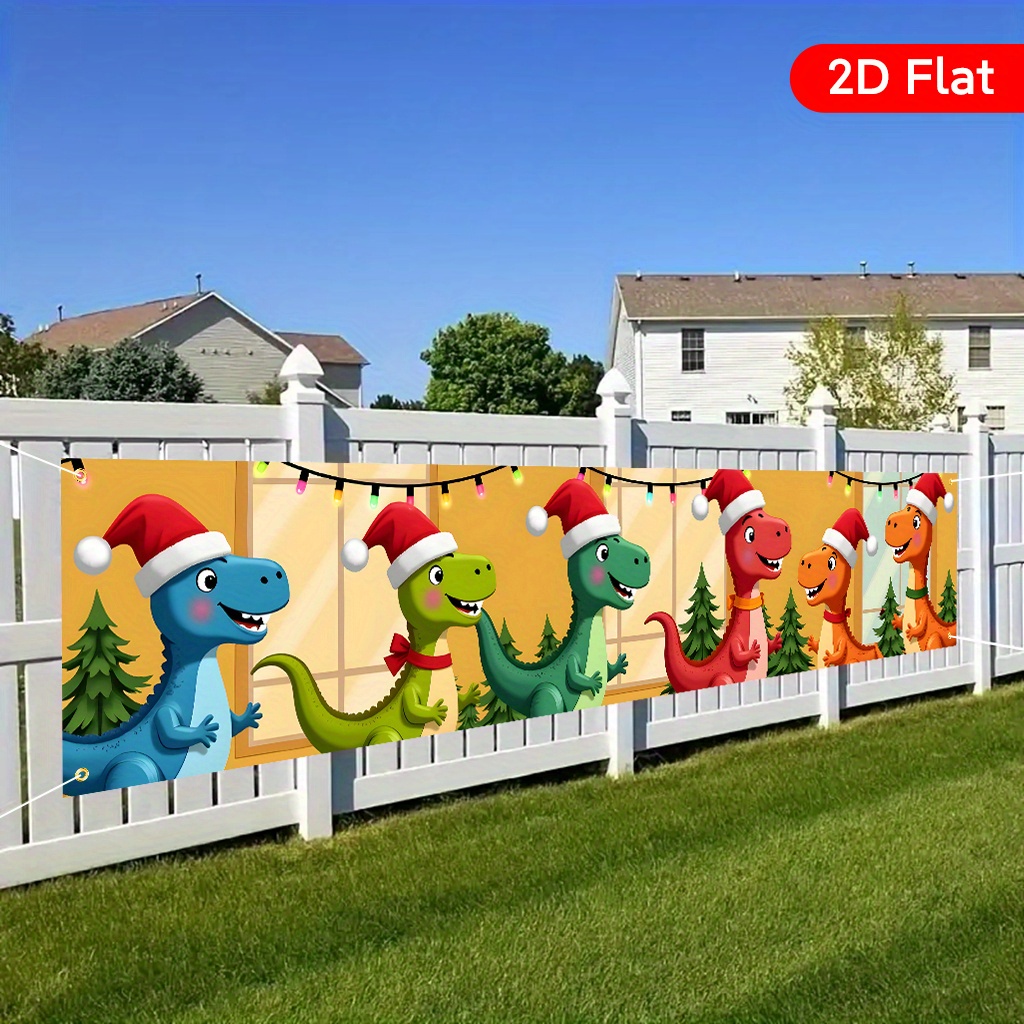 TEMU 2d Flat, 2d Flat - 2d Flat, 2d Flat - 2d Flat Banner 1pc, A Group Of Dinosaurs Wearing Santa Hats In Front, Birthday Party Anniversary