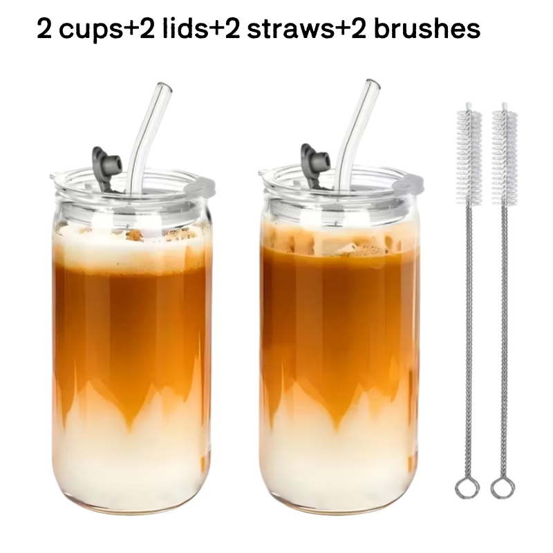 TEMU Set da 1/2/4 pezzi di nuovi bicchieri in vetro con e cannuccia, per caff癡 freddo, set di tazze da caff癡, bicchiere in vetro ad borosilicato, per