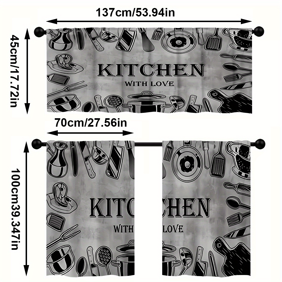 TEMU 3pcs/set Kitchen Curtain Sets, Tableware Doodle Print Curtain Set, Rod Pocket Valance Curtain Tier, 1 Valance/2 Cafe Curtains Tiers, Window For