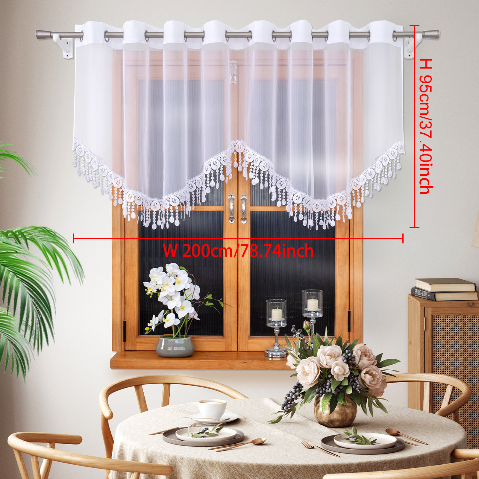 Image of 1pc Embroidery Lace Curved Tulle Curtain, Size: 150 X 95cm/ 200 X 95cm/ 200 X 120cm, Hanging, Bottom Embroidered Lace, Translucent, Decoration, Suitable For Living Room And Kitchen
